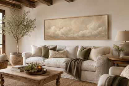 Neutral Cloud Wall Art - Long Narrow Calm Beige Bedroom Decor