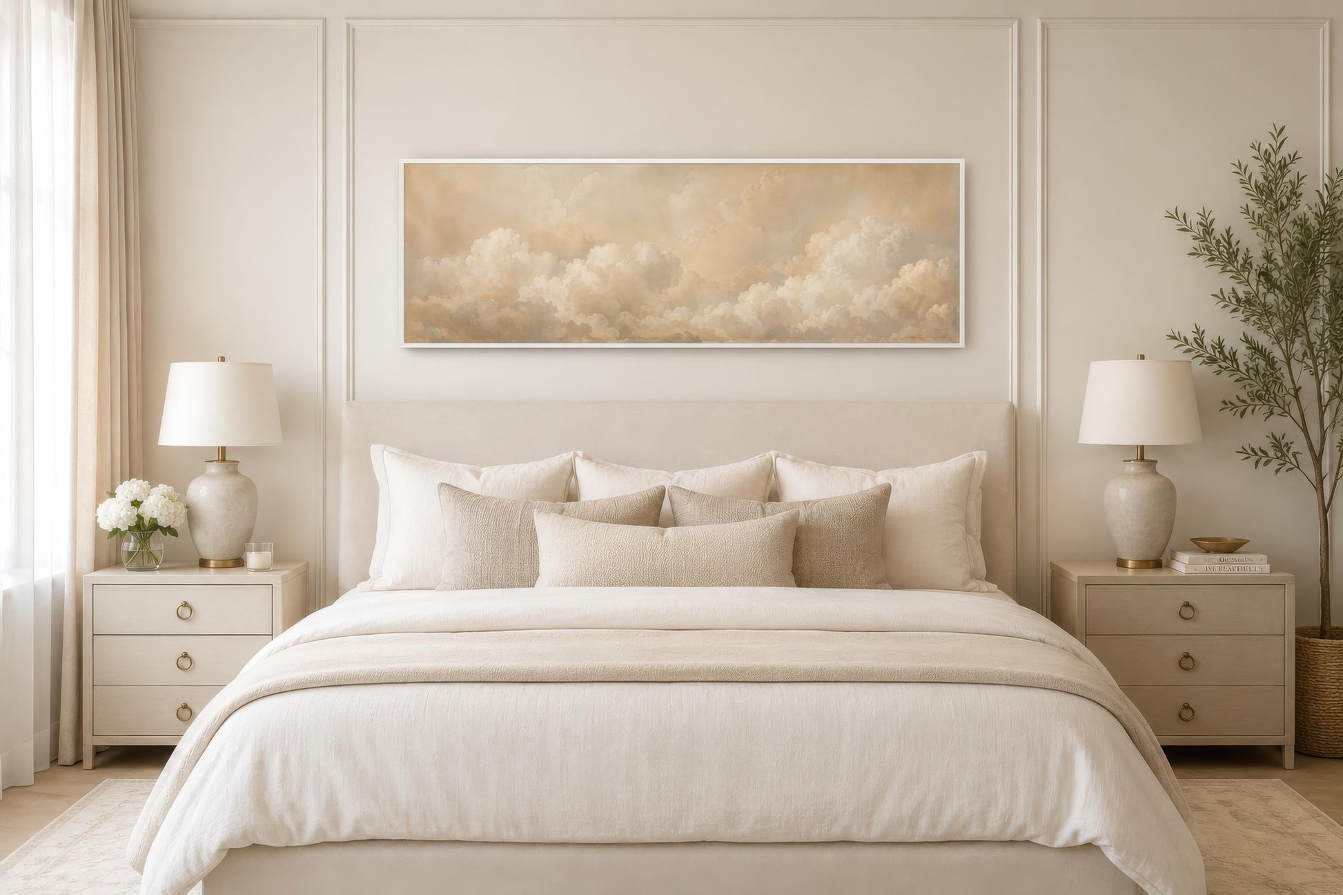 Neutral Cloud Wall Art - Long Narrow Calm Beige Bedroom Decor
