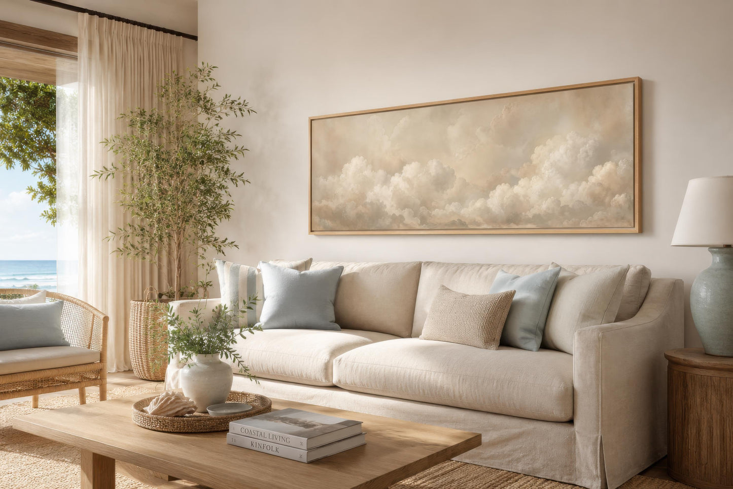 Neutral Cloud Wall Art - Long Narrow Calm Beige Bedroom Decor
