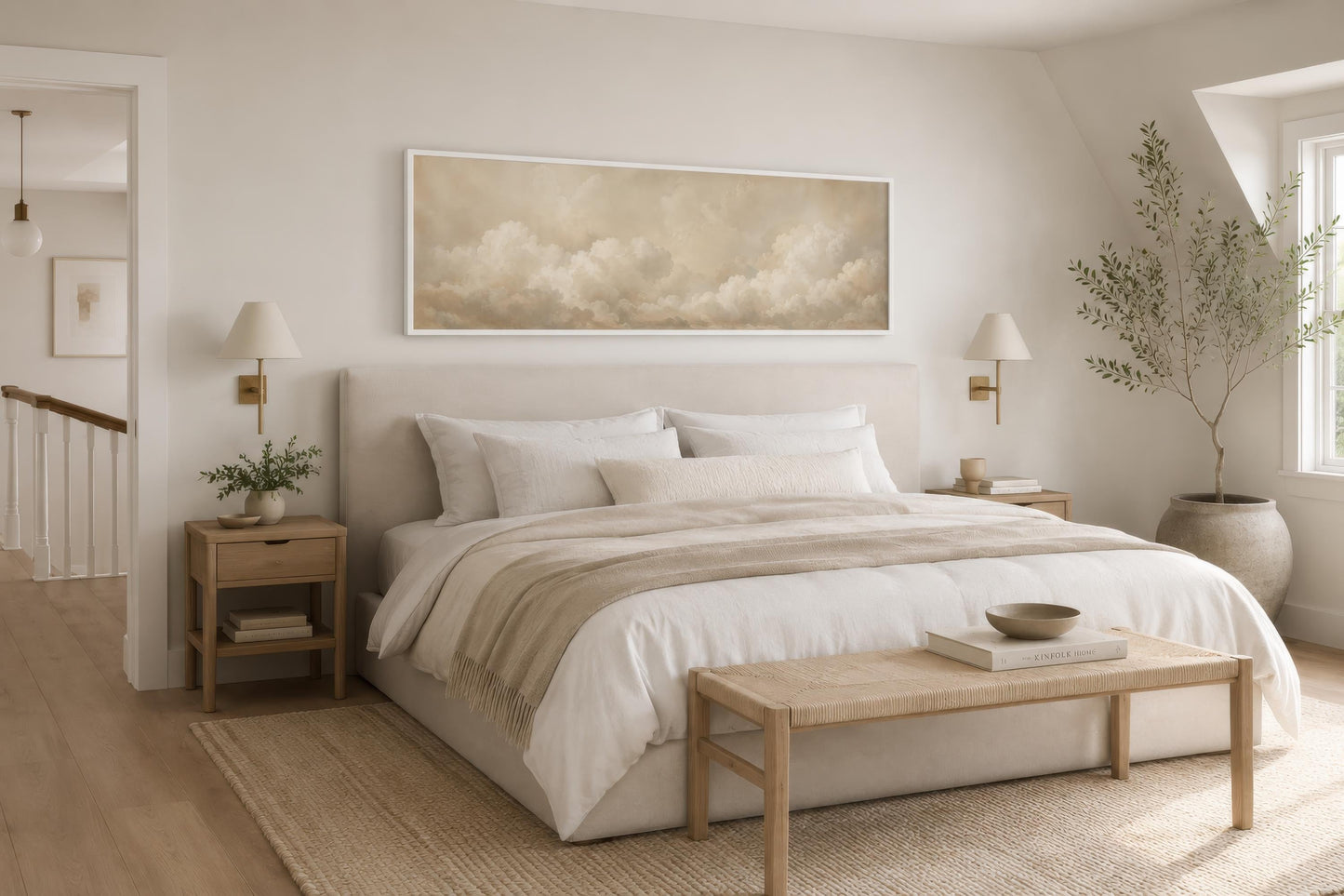 Neutral Cloud Wall Art - Long Narrow Calm Beige Bedroom Decor
