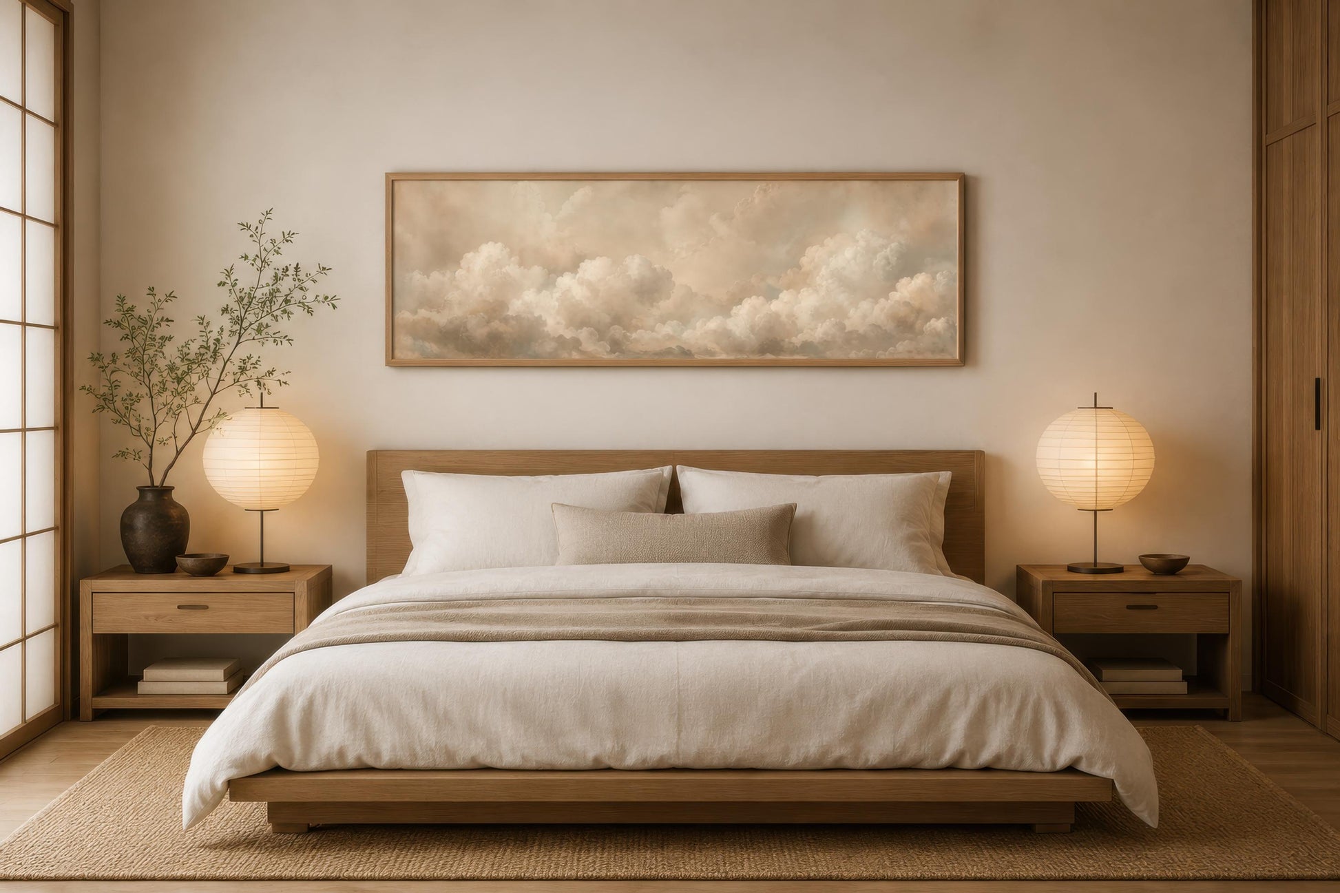 Neutral Cloud Wall Art - Long Narrow Calm Beige Bedroom Decor