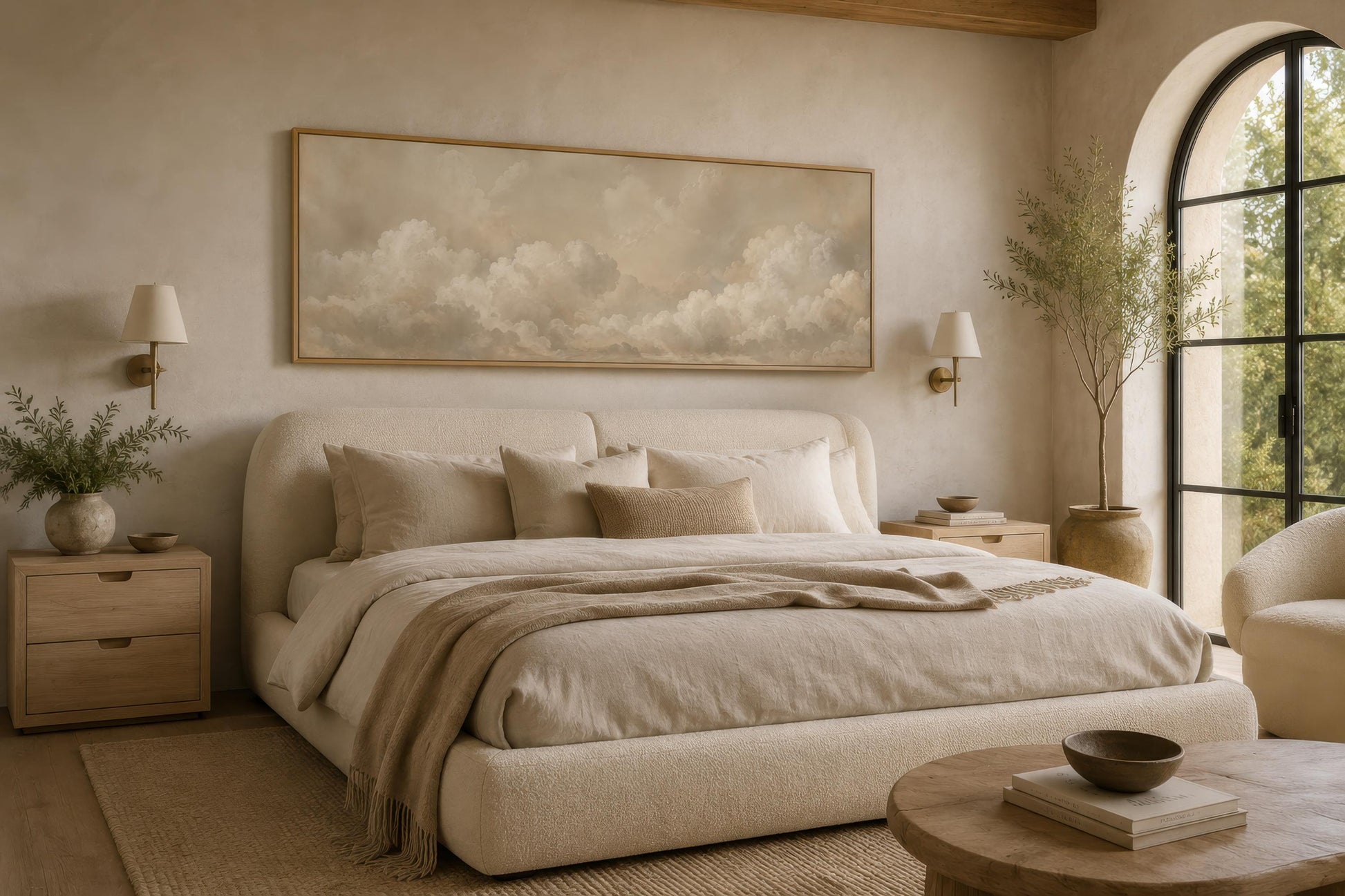 Neutral Cloud Wall Art - Long Narrow Calm Beige Bedroom Decor