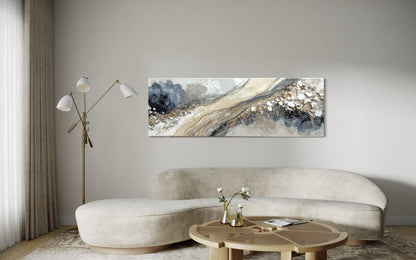 Neutral Grey Beige Gold Long Horizontal Abstract Canvas Wall Art For Above Bed Or Couch
