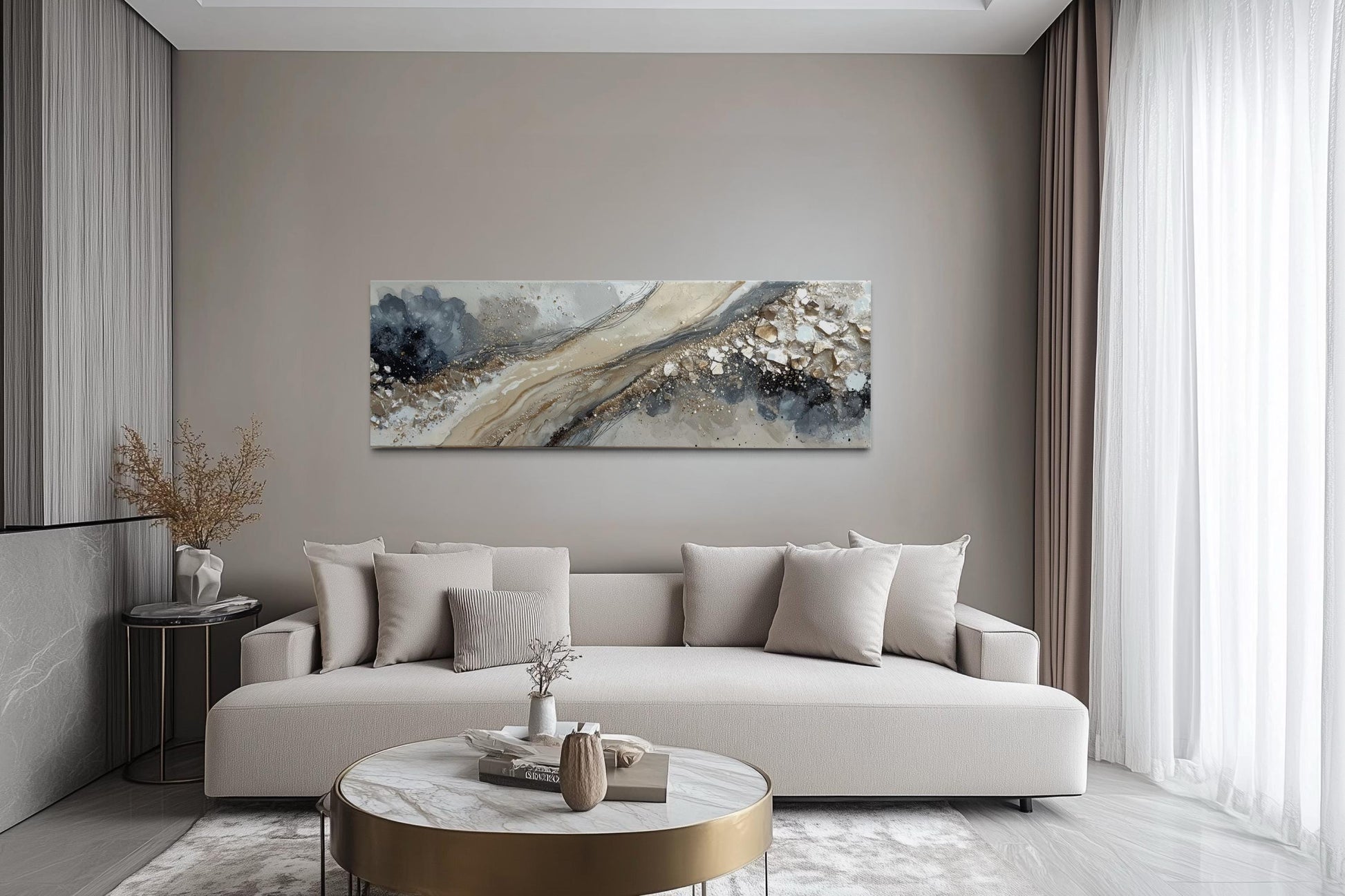 Neutral Grey Beige Gold Long Horizontal Abstract Canvas Wall Art For Above Bed Or Couch