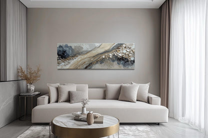 Neutral Grey Beige Gold Long Horizontal Abstract Canvas Wall Art For Above Bed Or Couch