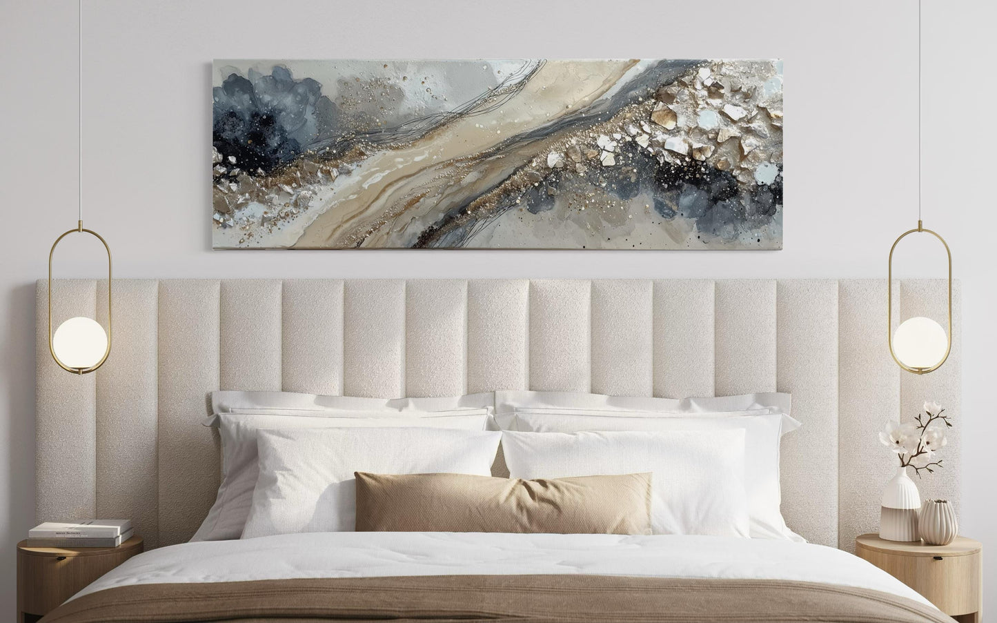 Neutral Grey Beige Gold Long Horizontal Abstract Canvas Wall Art For Above Bed Or Couch