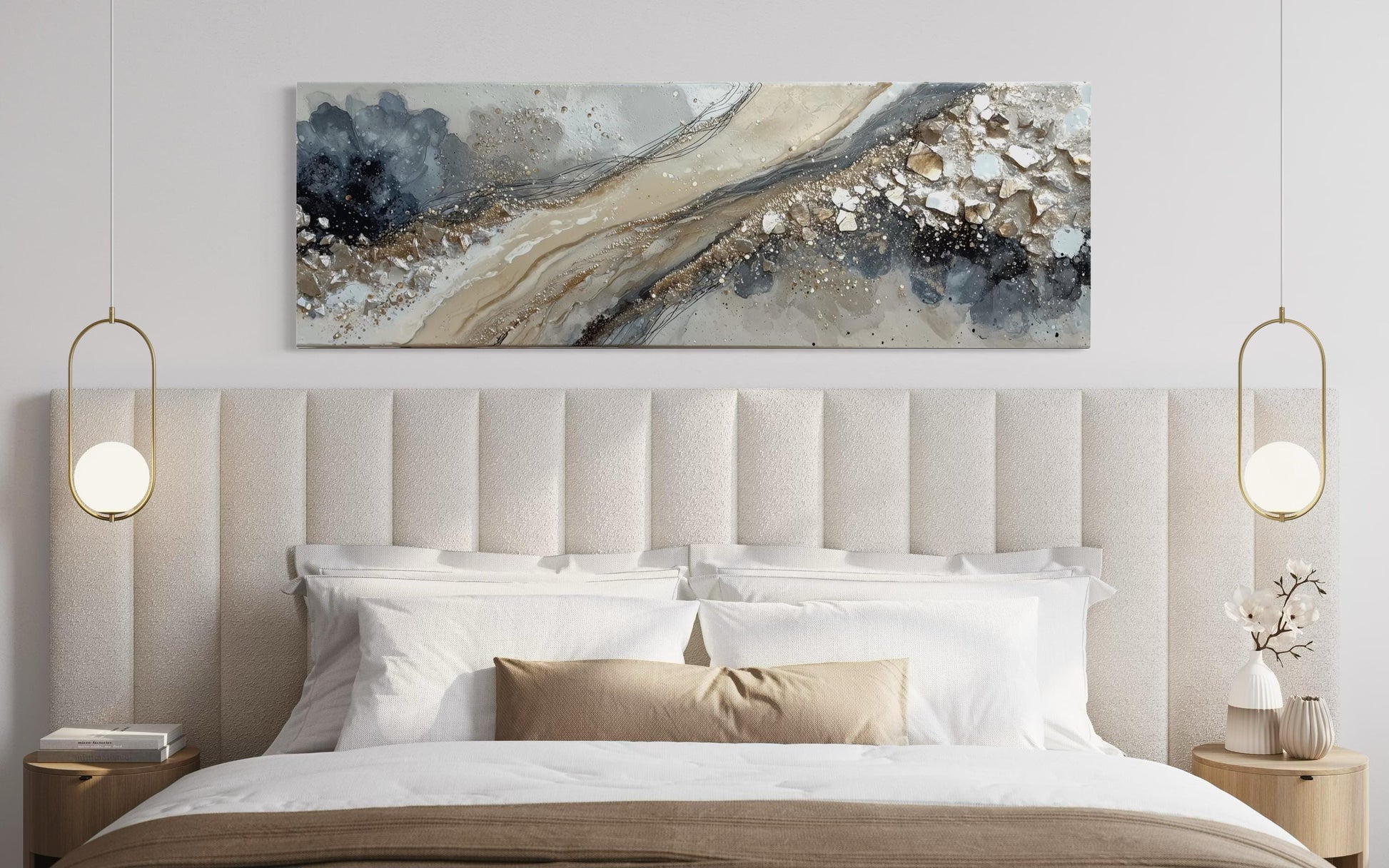 Neutral Grey Beige Gold Long Horizontal Abstract Canvas Wall Art For Above Bed Or Couch