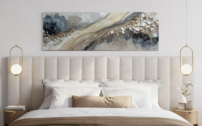Neutral Grey Beige Gold Long Horizontal Abstract Canvas Wall Art For Above Bed Or Couch