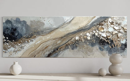 Neutral Grey Beige Gold Long Horizontal Abstract Canvas Wall Art For Above Bed Or Couch