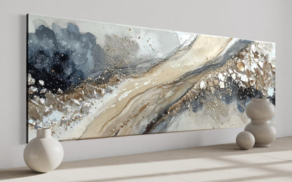 Neutral Grey Beige Gold Long Horizontal Abstract Canvas Wall Art For Above Bed Or Couch
