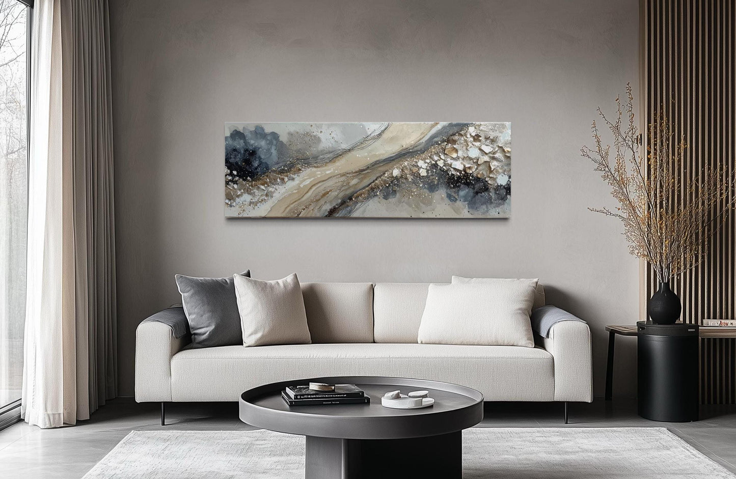 Neutral Grey Beige Gold Long Horizontal Abstract Canvas Wall Art For Above Bed Or Couch