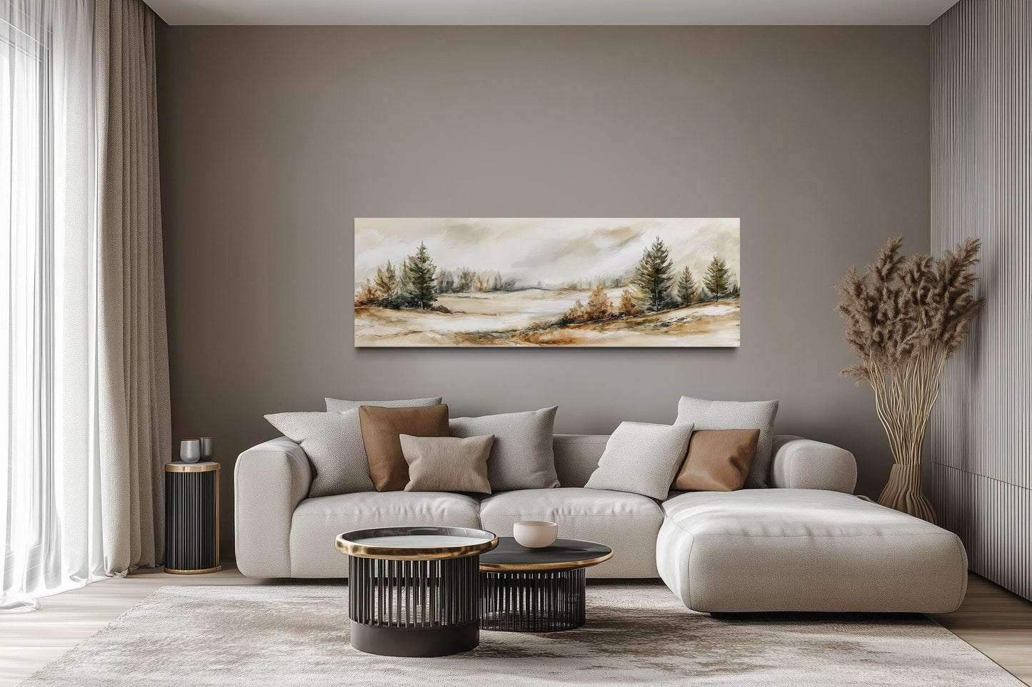 Neutral Landscape Wall Art | Panoramic Canvas Print - Beige Green Nature Decor