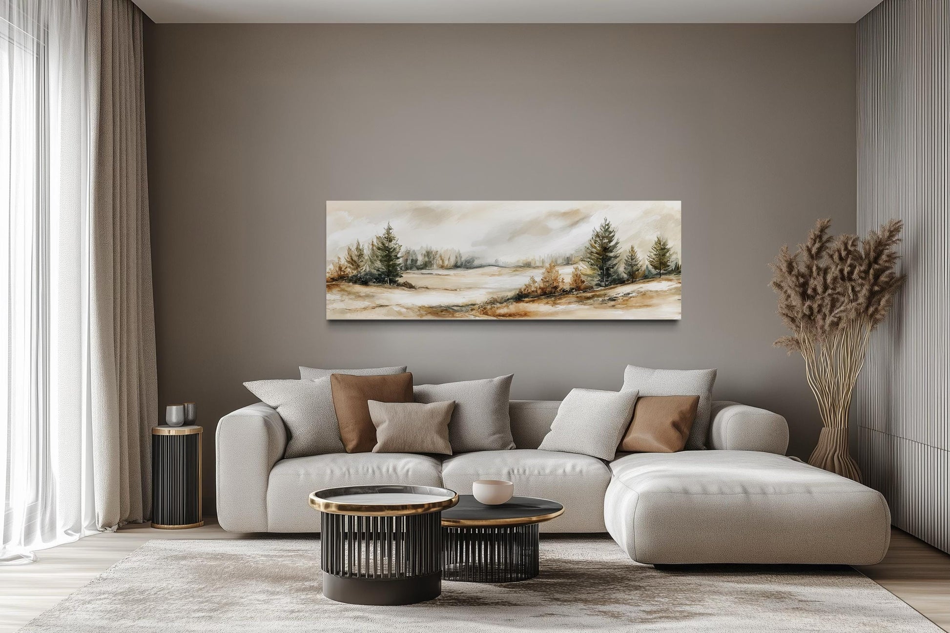 Neutral Landscape Wall Art | Panoramic Canvas Print - Beige Green Nature Decor