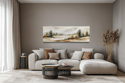 Neutral Landscape Wall Art | Panoramic Canvas Print - Beige Green Nature Decor