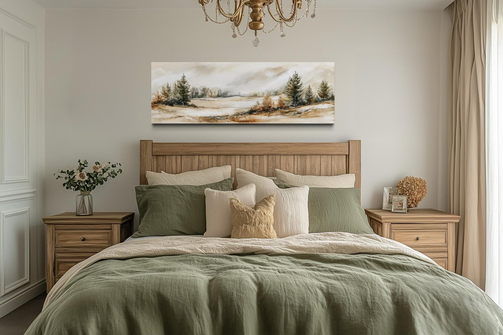 Neutral Landscape Wall Art | Panoramic Canvas Print - Beige Green Nature Decor