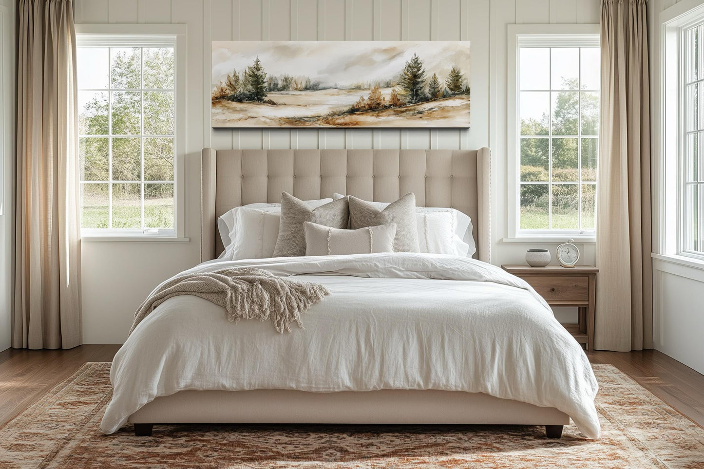Neutral Landscape Wall Art | Panoramic Canvas Print - Beige Green Nature Decor