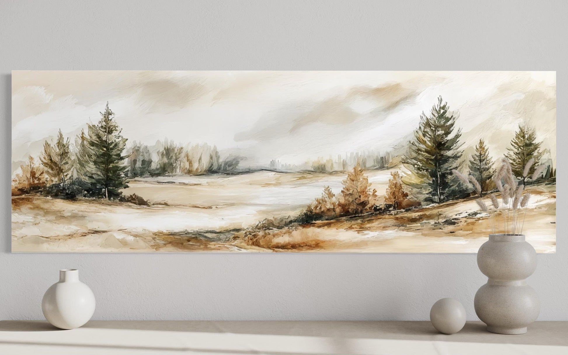 Neutral Landscape Wall Art | Panoramic Canvas Print - Beige Green Nature Decor