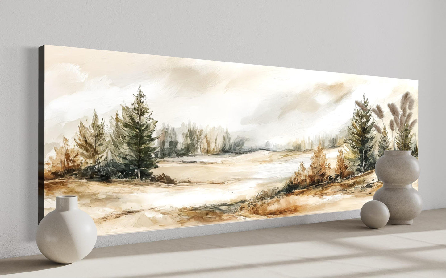 Neutral Landscape Wall Art | Panoramic Canvas Print - Beige Green Nature Decor