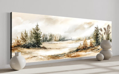 Neutral Landscape Wall Art | Panoramic Canvas Print - Beige Green Nature Decor