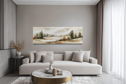 Neutral Landscape Wall Art | Panoramic Canvas Print - Beige Green Nature Decor