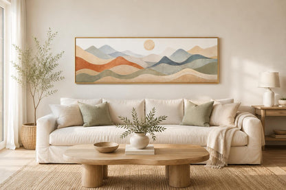 Neutral Layered Mountain Landscape Canvas – Long Horizontal Panoramic Wall Art for Bedroom