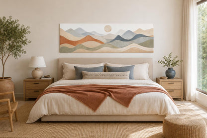Neutral Layered Mountain Landscape Canvas – Long Horizontal Panoramic Wall Art for Bedroom