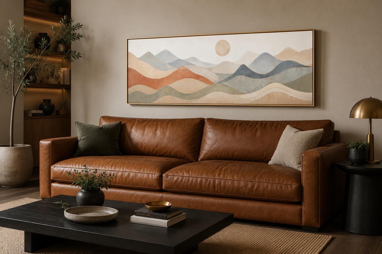 Neutral Layered Mountain Landscape Canvas – Long Horizontal Panoramic Wall Art for Bedroom