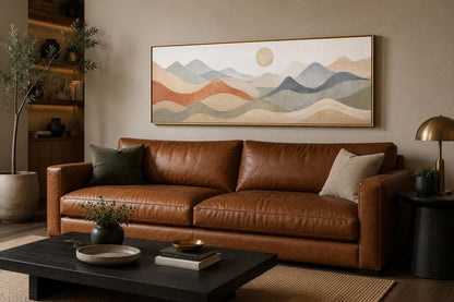Neutral Layered Mountain Landscape Canvas – Long Horizontal Panoramic Wall Art for Bedroom