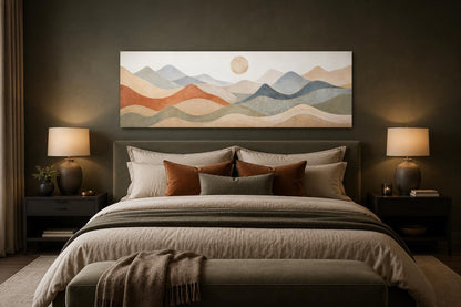 Neutral Layered Mountain Landscape Canvas – Long Horizontal Panoramic Wall Art for Bedroom