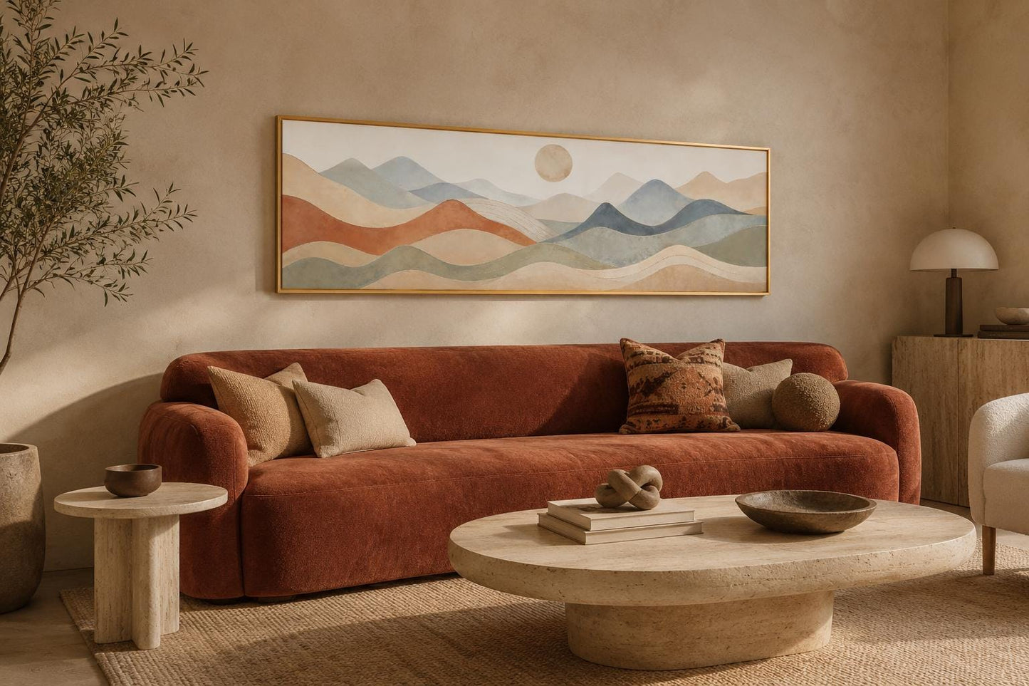 Neutral Layered Mountain Landscape Canvas – Long Horizontal Panoramic Wall Art for Bedroom