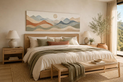 Neutral Layered Mountain Landscape Canvas – Long Horizontal Panoramic Wall Art for Bedroom