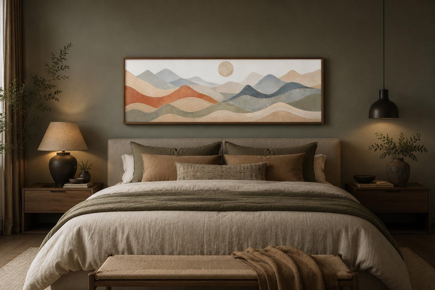 Neutral Layered Mountain Landscape Canvas – Long Horizontal Panoramic Wall Art for Bedroom