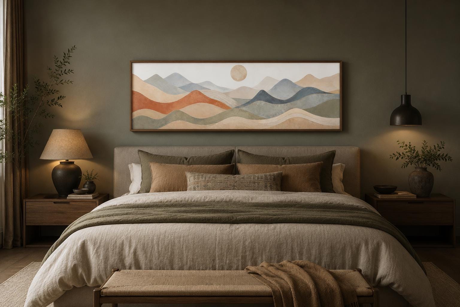 Neutral Layered Mountain Landscape Canvas – Long Horizontal Panoramic Wall Art for Bedroom