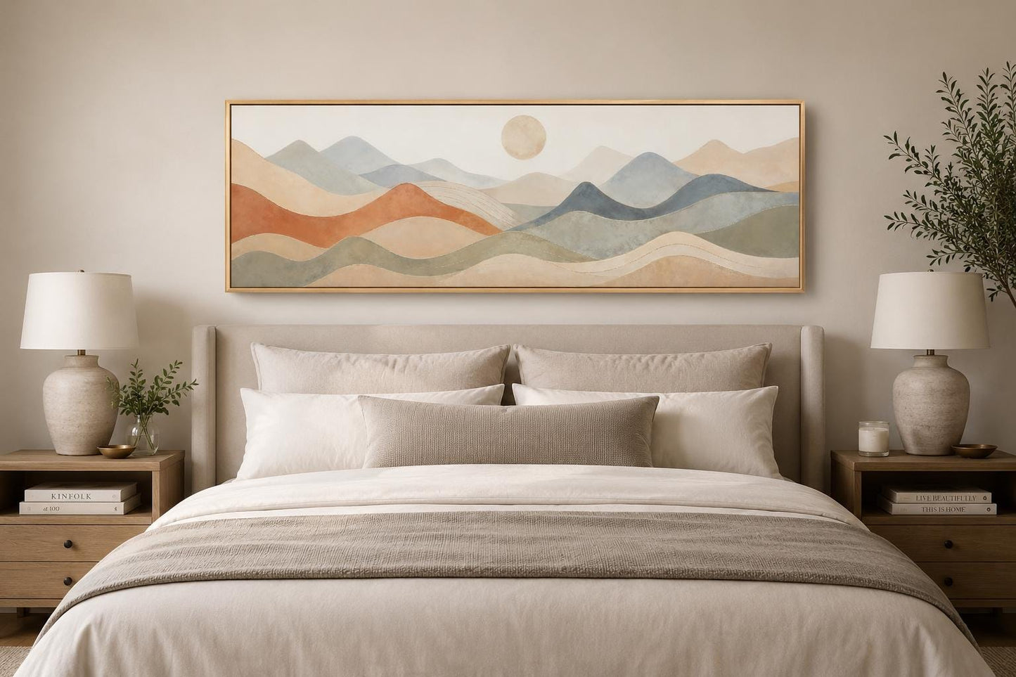 Neutral Layered Mountain Landscape Canvas – Long Horizontal Panoramic Wall Art for Bedroom