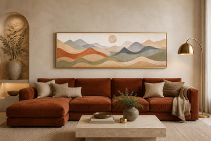 Neutral Layered Mountain Landscape Canvas – Long Horizontal Panoramic Wall Art for Bedroom