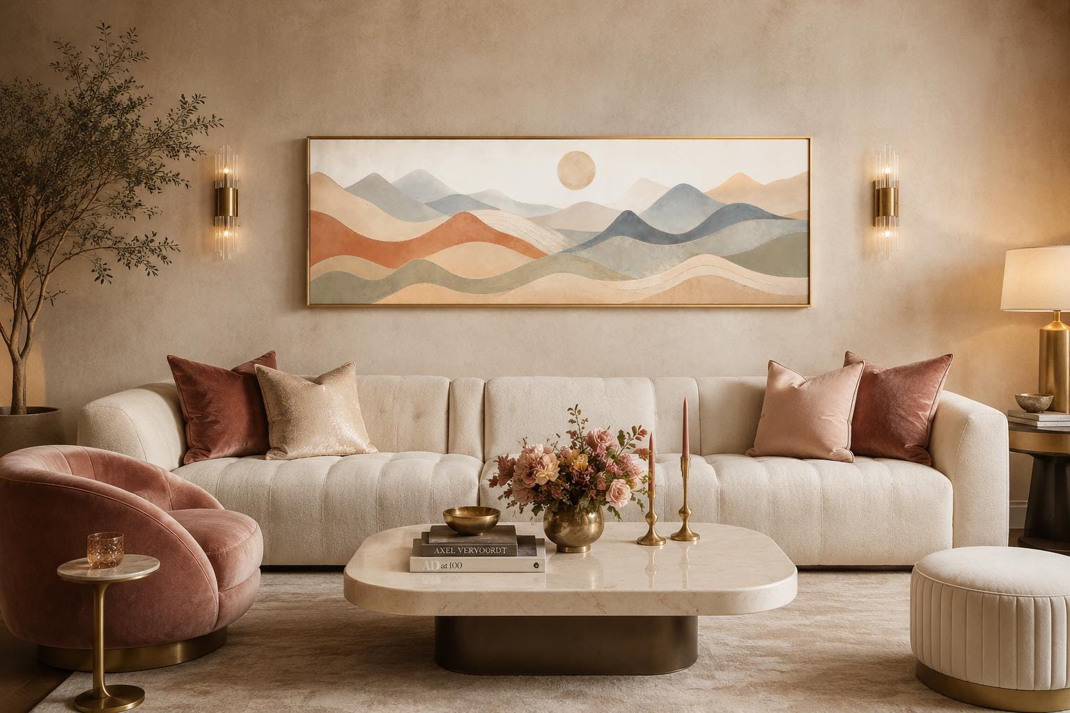 Neutral Layered Mountain Landscape Canvas – Long Horizontal Panoramic Wall Art for Bedroom