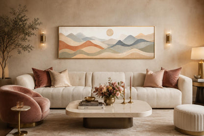 Neutral Layered Mountain Landscape Canvas – Long Horizontal Panoramic Wall Art for Bedroom