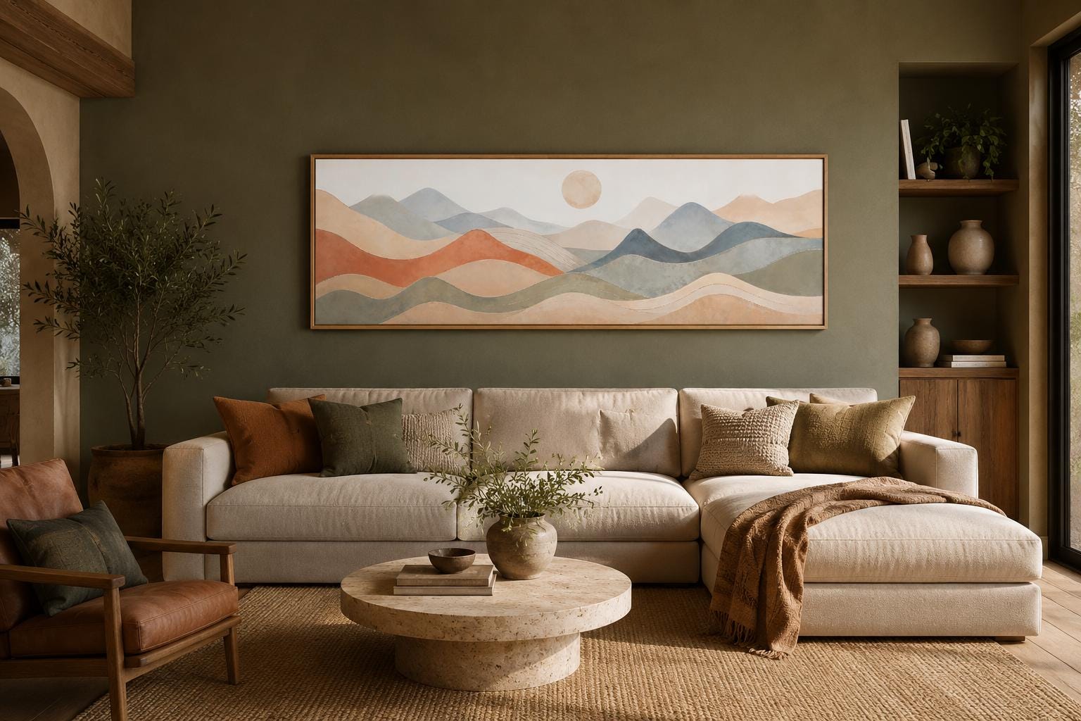 Neutral Layered Mountain Landscape Canvas – Long Horizontal Panoramic Wall Art for Bedroom
