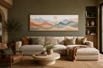 Neutral Layered Mountain Landscape Canvas – Long Horizontal Panoramic Wall Art for Bedroom
