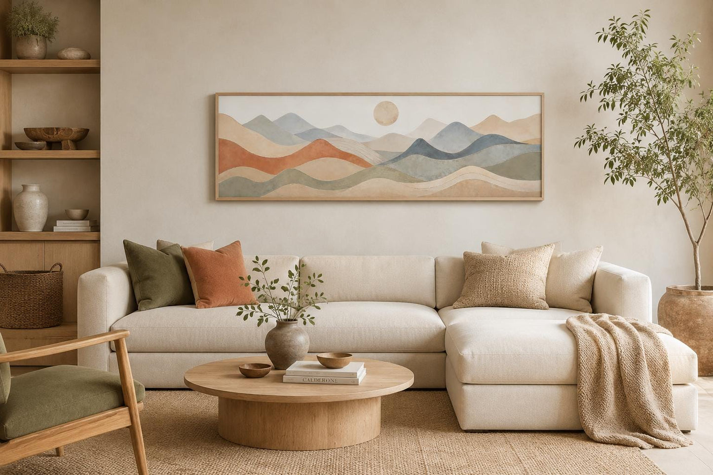 Neutral Layered Mountain Landscape Canvas – Long Horizontal Panoramic Wall Art for Bedroom