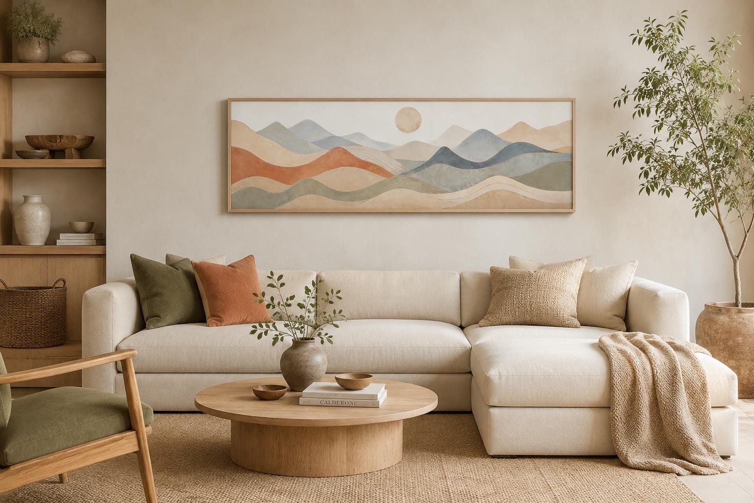Neutral Layered Mountain Landscape Canvas – Long Horizontal Panoramic Wall Art for Bedroom