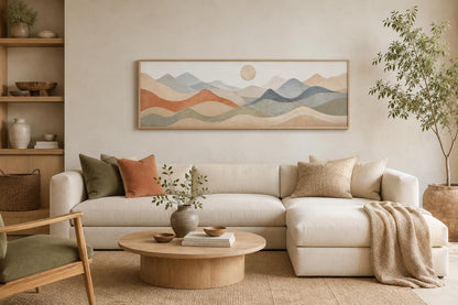 Neutral Layered Mountain Landscape Canvas – Long Horizontal Panoramic Wall Art for Bedroom