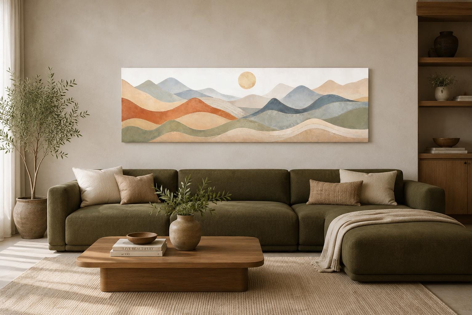 Neutral Layered Mountain Landscape Canvas – Long Horizontal Panoramic Wall Art for Bedroom