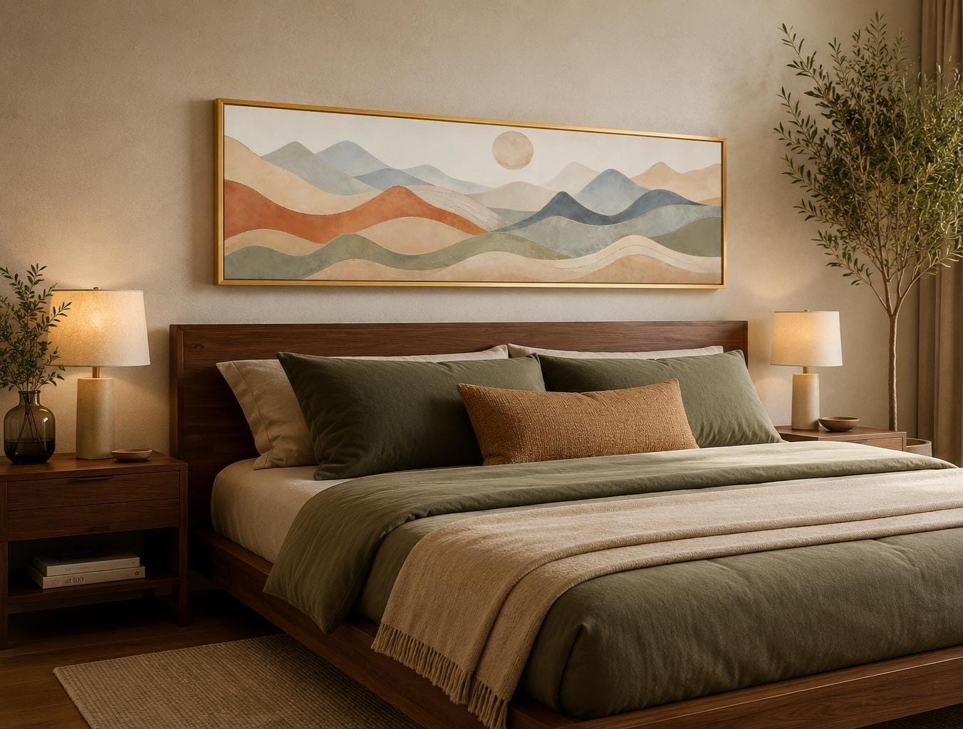 Neutral Layered Mountain Landscape Canvas – Long Horizontal Panoramic Wall Art for Bedroom