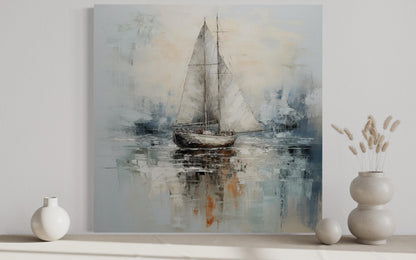 Neutral Light Blue Square Sailboat Wall Art