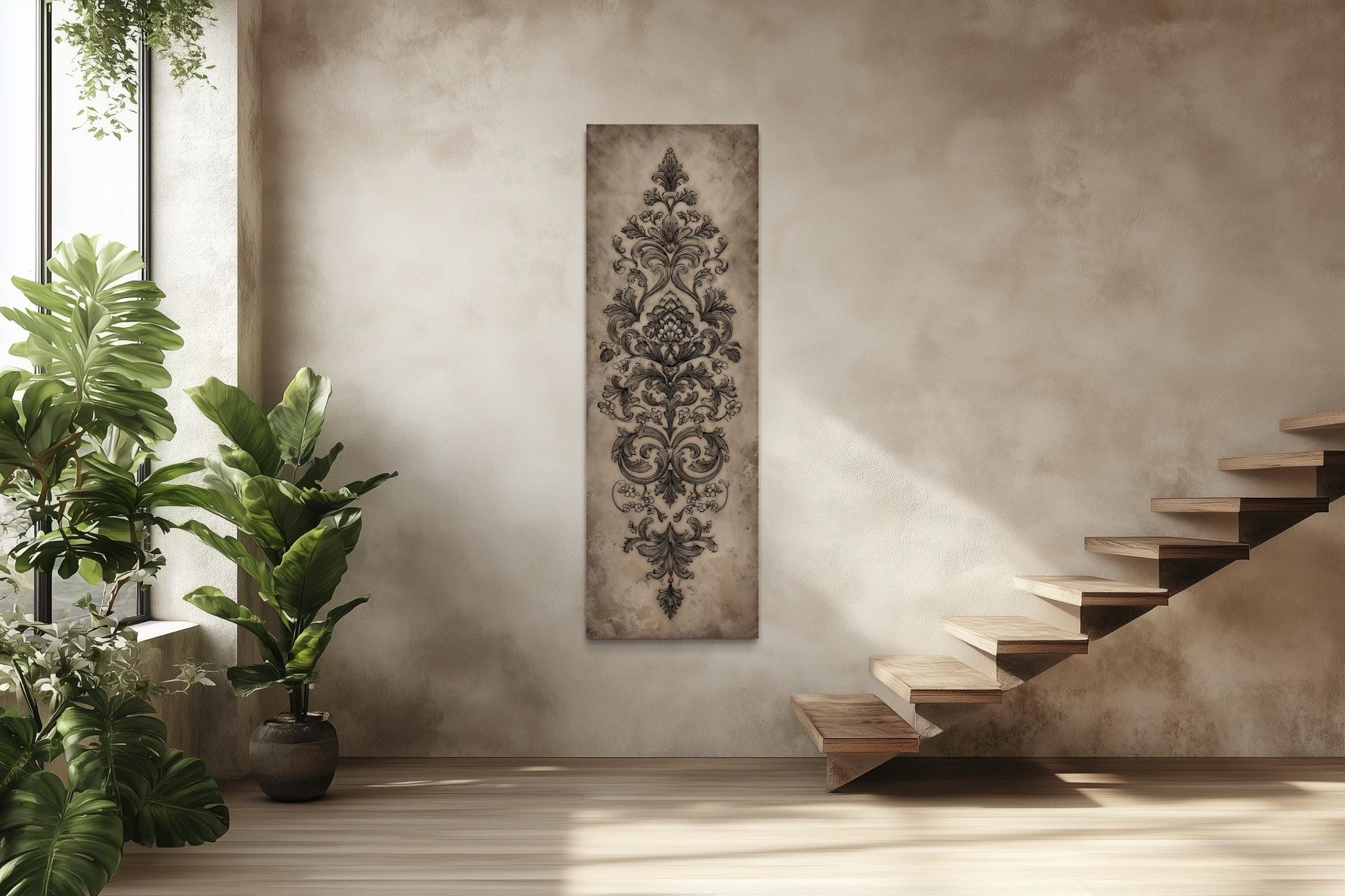 Neutral Vertical Tall Narrow Antique French Ornamental Damask Canvas Wall Art