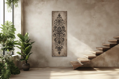 Neutral Vertical Tall Narrow Antique French Ornamental Damask Canvas Wall Art