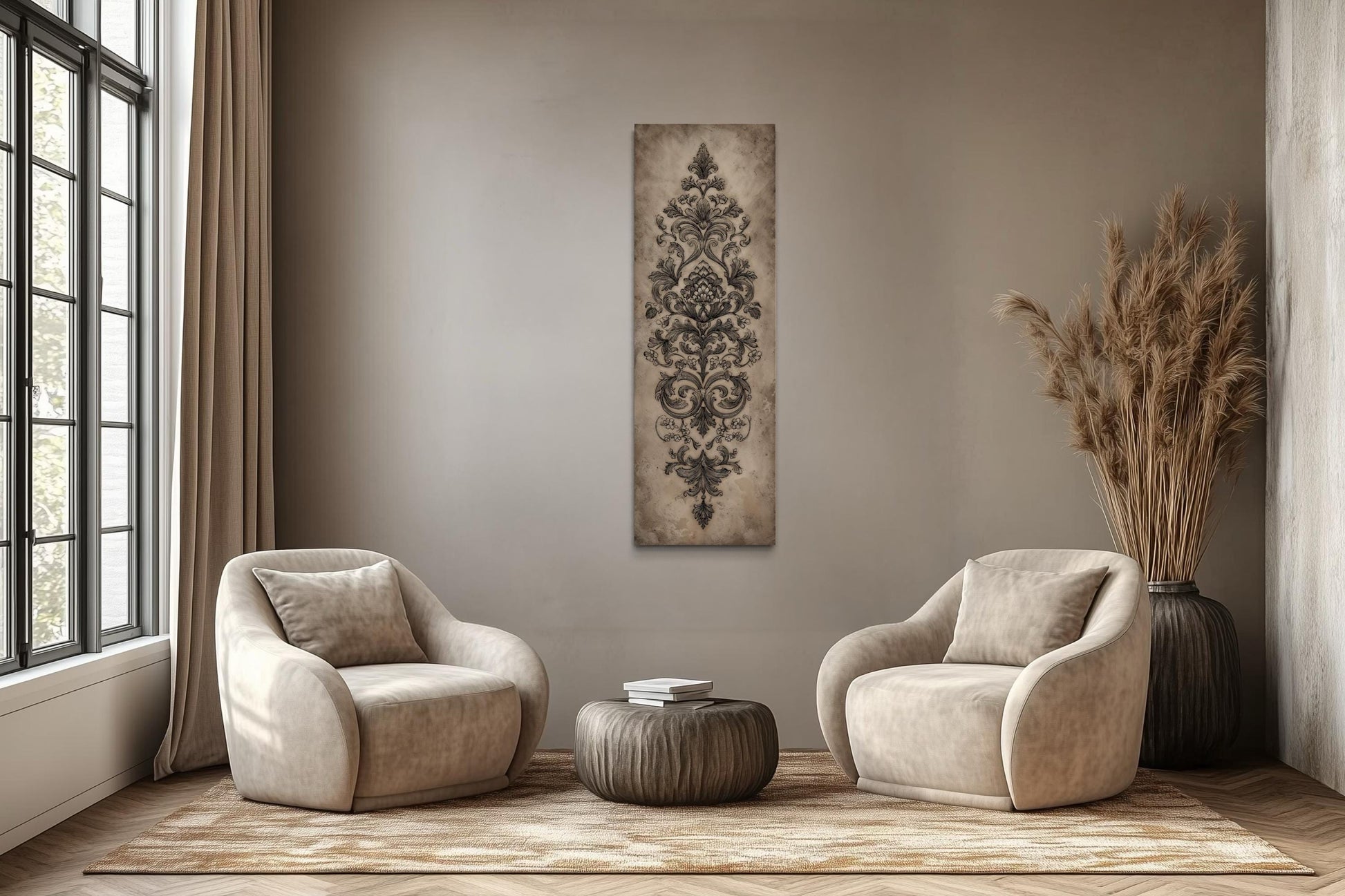 Neutral Vertical Tall Narrow Antique French Ornamental Damask Canvas Wall Art