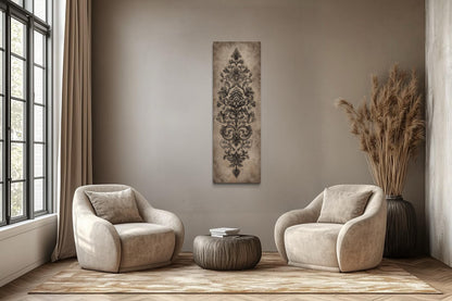 Neutral Vertical Tall Narrow Antique French Ornamental Damask Canvas Wall Art