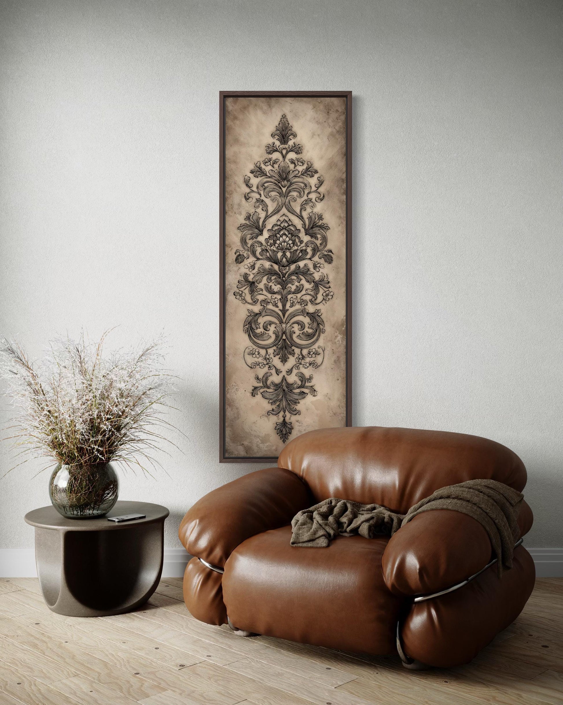 Neutral Vertical Tall Narrow Antique French Ornamental Damask Canvas Wall Art